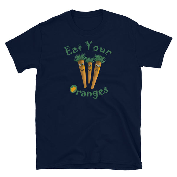 Three orange carrots with tuffs of green hair, some smiling, some not, with the slogan Eat Your Oranges on this funny navy cotton graphic t-shirt by BillingtonPix 