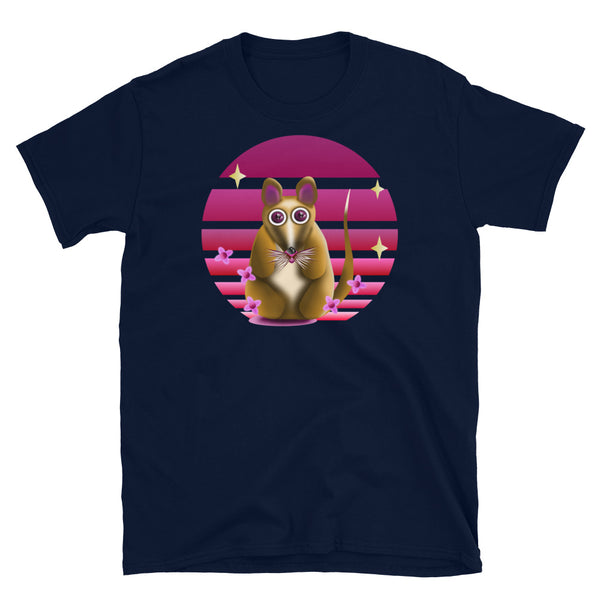 Brown woodland creature like a rat or mouse with large purple eyes stands in front of a pink vintage sunset with flowers and stars on this navy cotton t-shirt by BillingtonPix