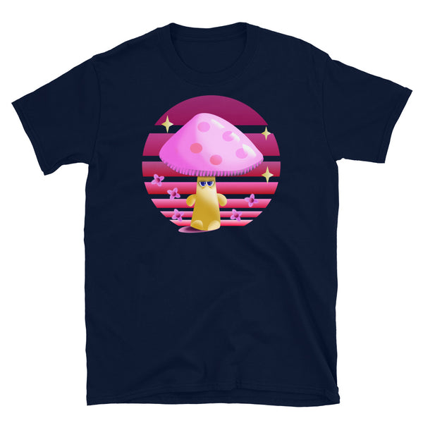 Yellow and pink grumpy mushroom stands in front of a purple vintage sunset with stars and blossom on this navy cotton graphic t-shirt by BillingtonPix