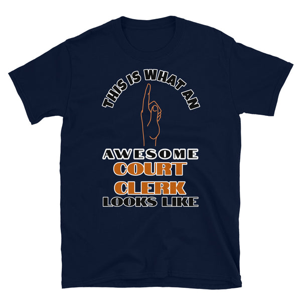 This is what an awesome court clerk looks like including a hand pointing up to the wearer on this navy cotton t-shirt by BillingtonPix