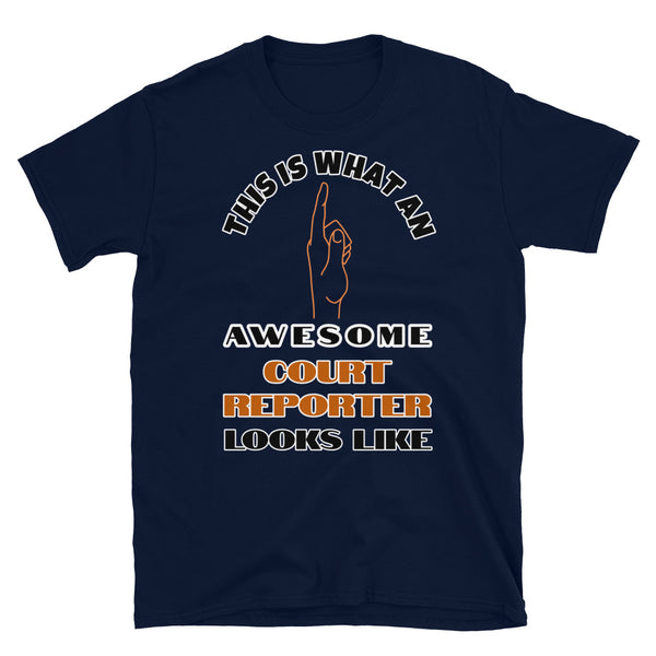 This is what an awesome court reporter looks like including a hand pointing up to the wearer on this navy cotton t-shirt by BillingtonPix