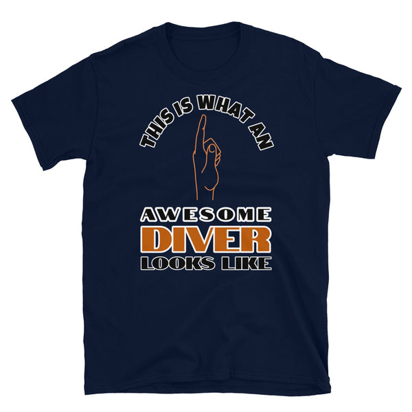 This is what an awesome diver looks like including a hand pointing up to the wearer on this navy cotton t-shirt by BillingtonPix