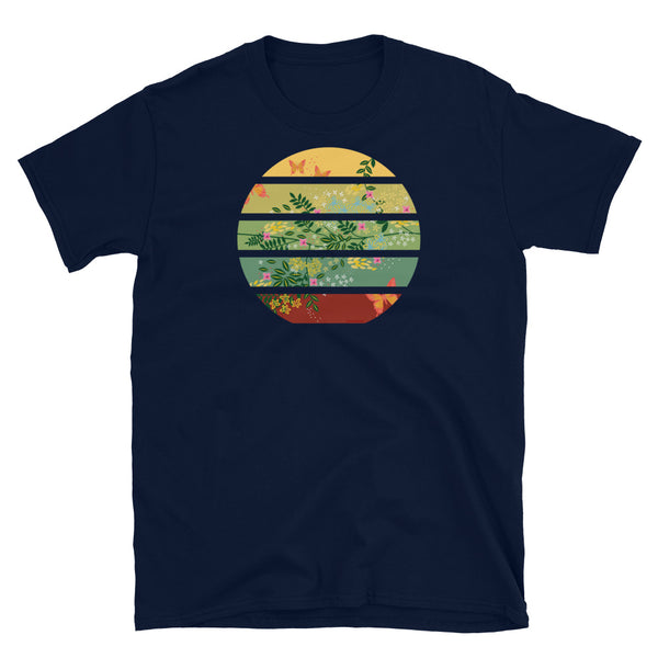 Vintage sunset, striped Cottagecore scene of flowers, butterflies and leaves on this awesome nature  themed navy cotton t-shirt by BillingtonPix