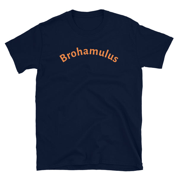Funny slogan t-shirt with the word Brohamulus in orange font on this navy cotton tee by BillingtonPix