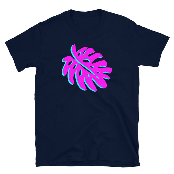 Vaporwave retrowave monstera leaf cheese plant leaf in pink and blue with 90s style glitch on this retro design navy t-shirt by BillingtonPix