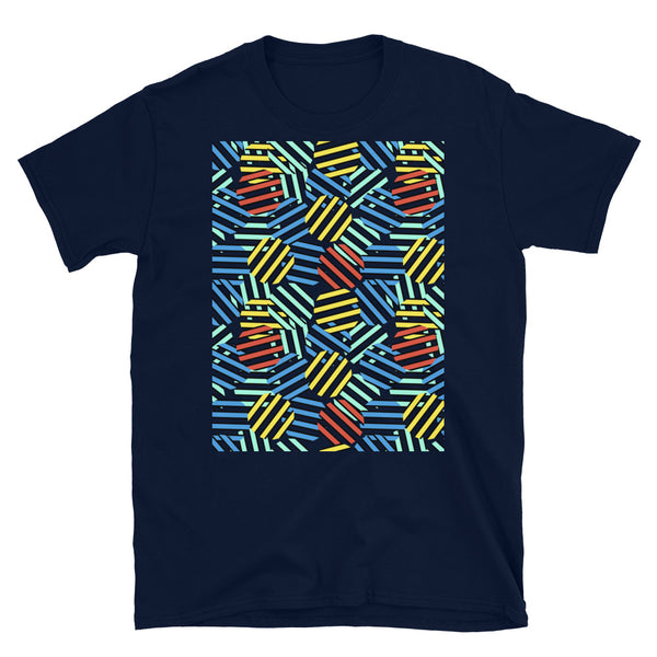 Colourful 80s Memphis design graphic t-shirt consisting of circular pattern overlays in red, yellow, orange and blue on this navy tee by BillingtonPix