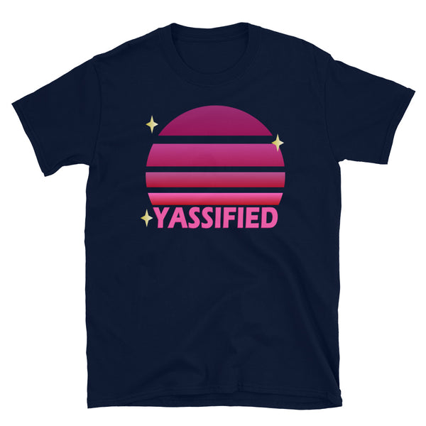 Pink vintage sunset with stars and the word Yassified on this navy cotton t-shirt by BillingtonPix