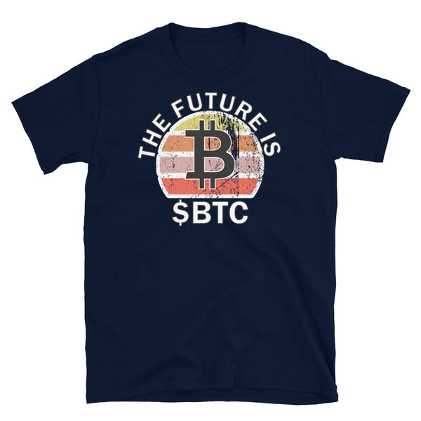 Crypto coin currency t-shirt with $BTC Bitcoin ticker symbol on this navy cotton shirt by BillingtonPix