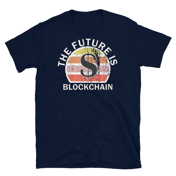 Cryptocurrency theme t-shirt with Blockchain and the USD ticker symbol on this navy cotton shirt by BillingtonPix