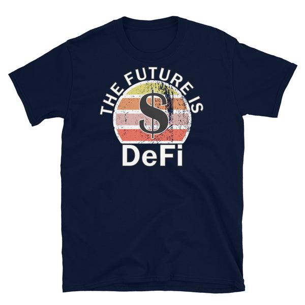 Cryptocurrency theme t-shirt with DeFi (Decentralised Finance) and the USD ticker symbol on this navy cotton shirt by BillingtonPix