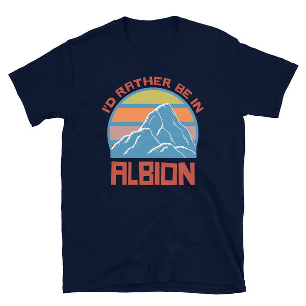 Albion Idaho vintage sunset mountain ski themed retro design t-shirt in orange, blue, yellow and pink on this navy tee by BillingtonPix