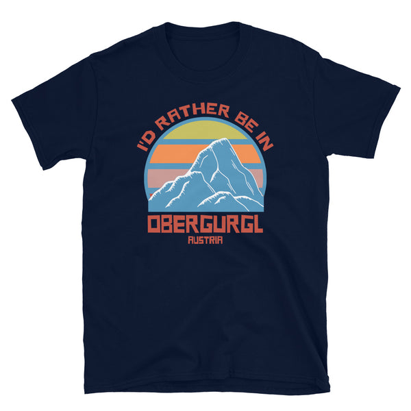 Obergurgl Austria vintage sunset mountain ski and snowboarding themed retro design t-shirt in orange, blue, yellow and pink on this navy tee by BillingtonPix