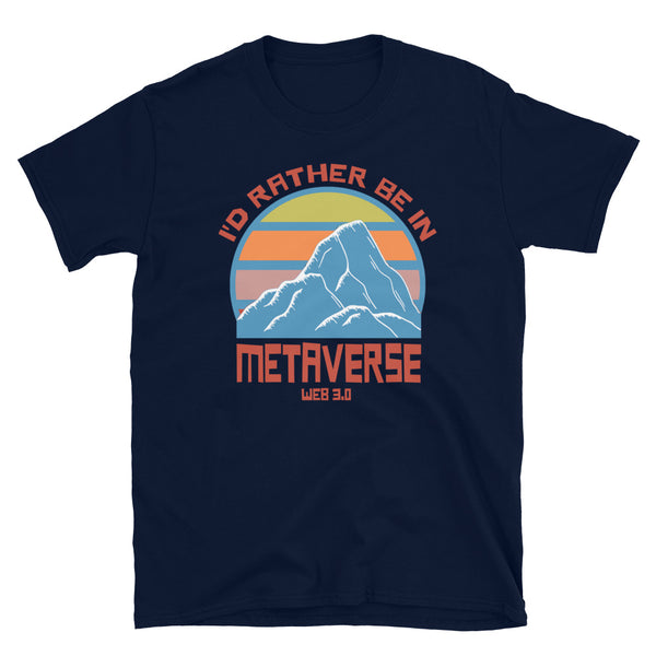 Vintage sunset mountain orange and blue design t-shirt with slogan Id rather be in Metaverse Web 3.0 on this navy cotton t-shirt by BillingtonPix