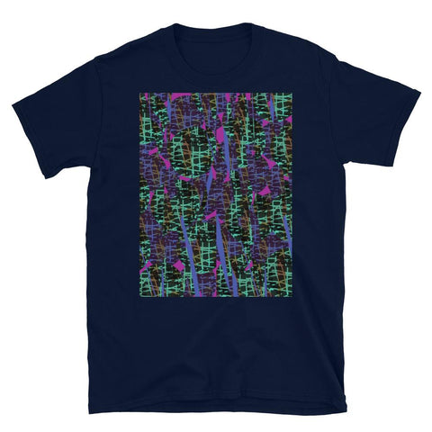 Contemporary retro style turquoise patterned t-shirt with an abstract pattern of pink, blue and yellow shapes with a circular turquoise criss-cross design background.
