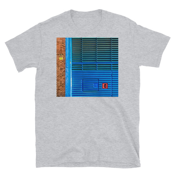 Retro aesthetic hints with this geometric colorful Piet Mondrian inspired photograph with geometric lines and squares from the back of an old telephone exchange in Southwark, London printed on this t-shirt