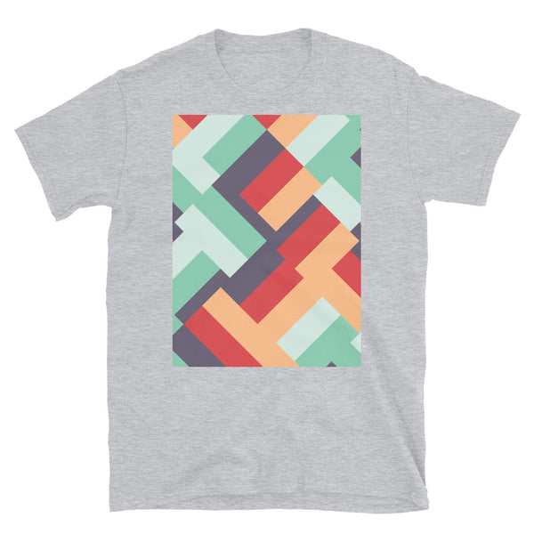 Diagonal shaped mid-century modern retro pattern in summertime tones such as eggplant, peach, scarlet, mint and teal sport grey t-shirt
