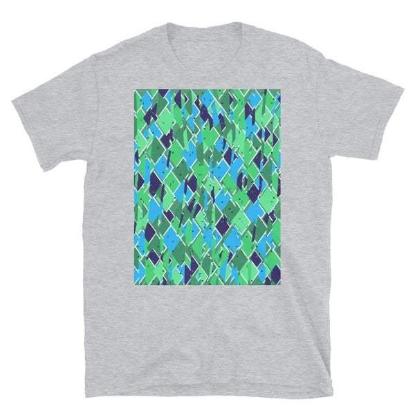 Abstract turquoise, green, sage and navy distorted diamond patterned t-shirt with an 80s Memphis style confetti pattern. Mixture of styles from 60s Mid-Century, 80s Postmodern and Contemporary retro abstract design.