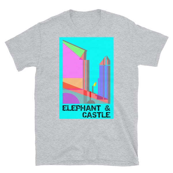 Colorful representative Pop Art style image of a view of Elephant and Castle with modern tall skyscrapers and old Victorian railway line on this t-shirt