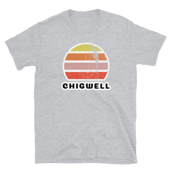 Vintage retro sunset in yellow, orange, pink and scarlet with the name Chigwell beneath on this sport grey t-shirt