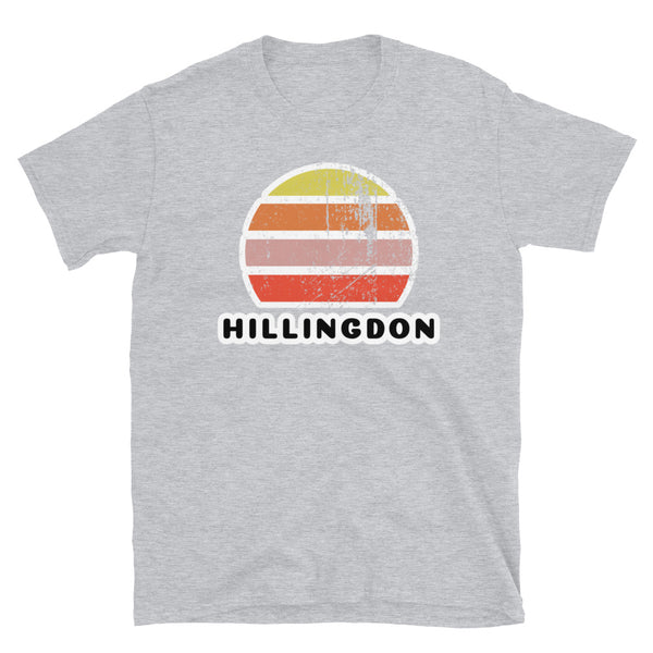Vintage retro sunset in yellow, orange, pink and scarlet with the name Hillingdon beneath on this sport grey t-shirt