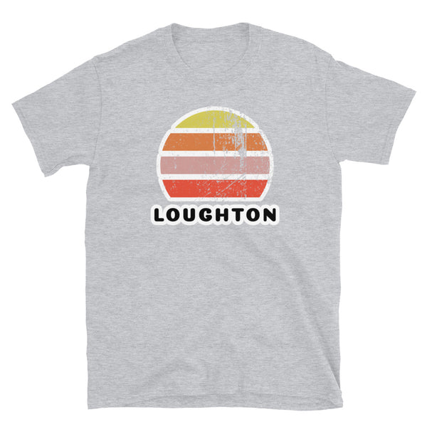 Vintage retro sunset in yellow, orange, pink and scarlet with the name Loughton beneath on this sport grey t-shirt