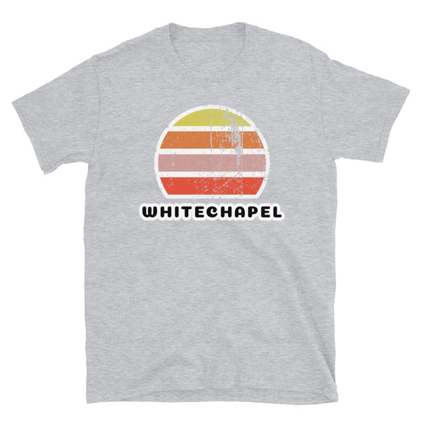 Vintage distressed style abstract retro sunset in yellow, orange, pink and scarlet with the London name Whitechapel beneath on this sport grey vintage sunset t-shirt