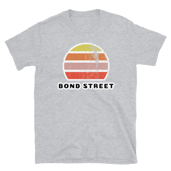 Vintage distressed style abstract retro sunset in yellow, orange, pink and scarlet with the London name Bond Street beneath on this sport grey vintage sunset t-shirt