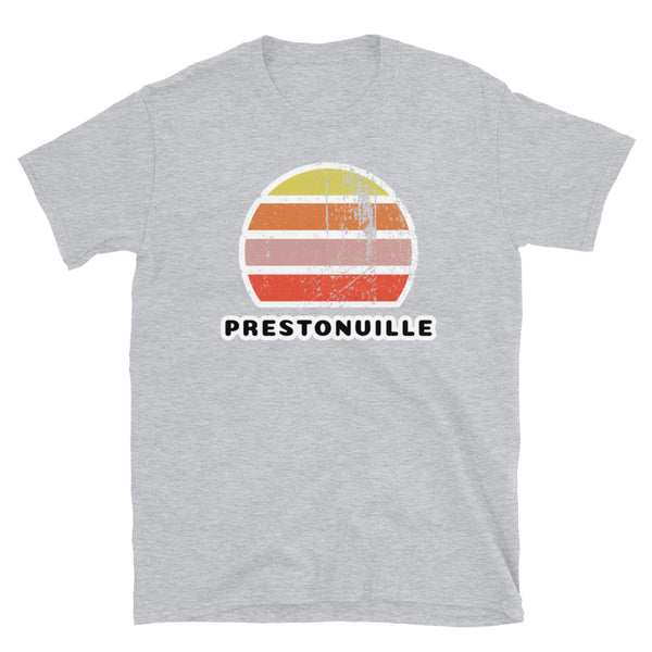 Distressed style abstract retro sunset graphic in yellow, orange, pink and scarlet stripes above the famous Brighton place name of Prestonville on this sport grey t-shirt