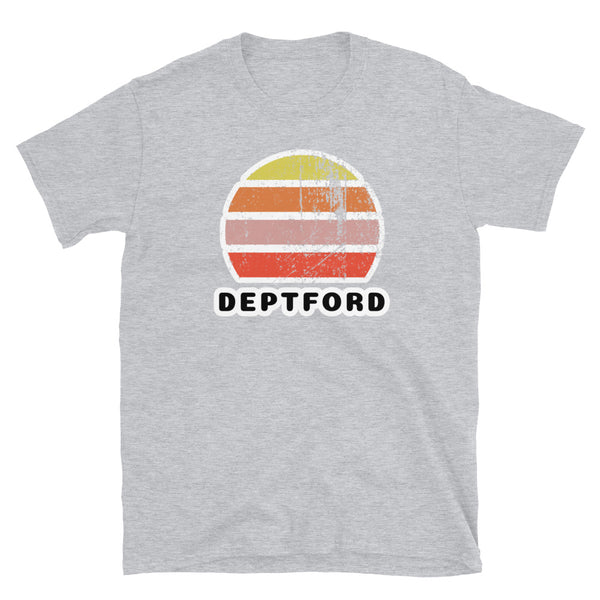Vintage retro sunset in yellow, orange, pink and scarlet with the name Deptford beneath on this light grey cotton t-shirt