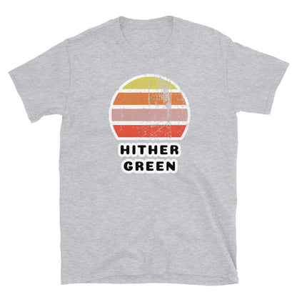 Vintage distressed style retro sunset in yellow, orange, pink and scarlet with the London neighbourhood of Hither Green beneath on this light grey cotton t-shirt