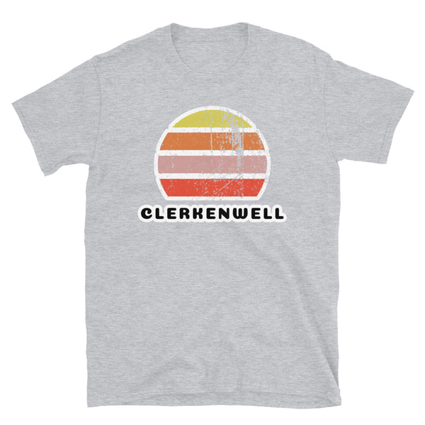Vintage distressed style retro sunset in yellow, orange, pink and scarlet with the London neighbourhood of Clerkenwell beneath on this light grey cotton t-shirt