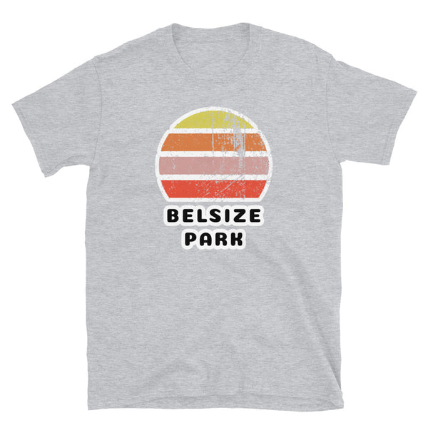 Vintage distressed style retro sunset in yellow, orange, pink and scarlet with the London neighbourhood of Belsize Park beneath on this light grey cotton t-shirt