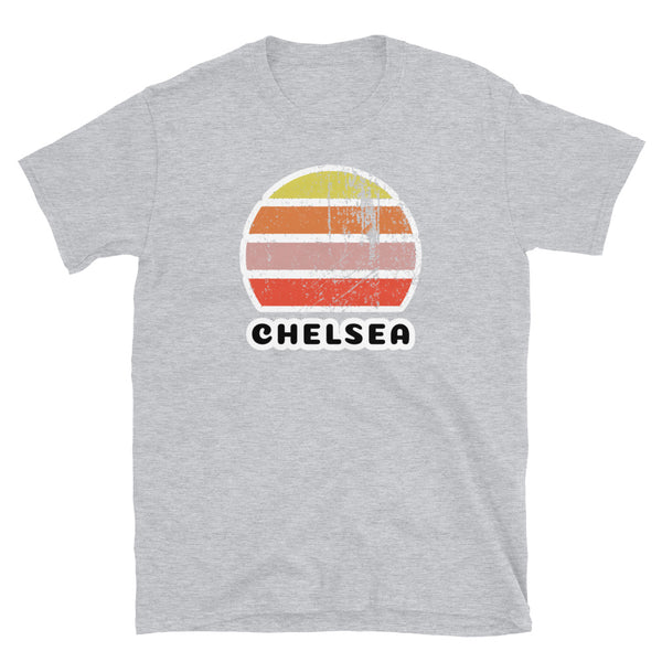 Vintage distressed style retro sunset in yellow, orange, pink and scarlet with the London neighbourhood of Chelsea outlined beneath on this light grey cotton t-shirt