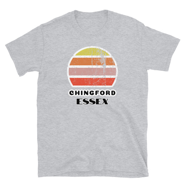 Vintage distressed style retro sunset in yellow, orange, pink and scarlet with the Essex neighbourhood of Chingford outlined beneath on this light grey cotton t-shirt