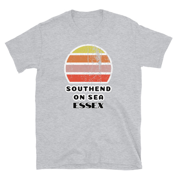 Vintage distressed style retro sunset in yellow, orange, pink and scarlet with the Essex neighbourhood of Southend-on-Sea outlined beneath on this light grey cotton t-shirt