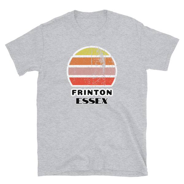 Vintage distressed style retro sunset in yellow, orange, pink and scarlet with the Essex town of Frinton outlined beneath on this light grey cotton t-shirt