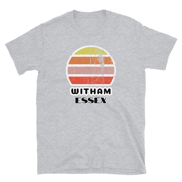 Vintage distressed style retro sunset in yellow, orange, pink and scarlet with the Essex town of Witham outlined beneath on this light grey cotton t-shirt