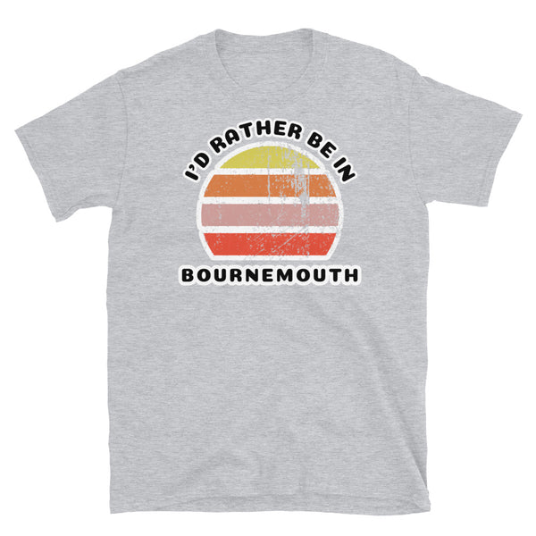 Vintage style distressed effect sunset graphic design t-shirt entitled I'd Rather be in Bournemouth on this light grey cotton tee