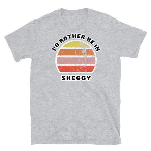 Vintage style distressed effect sunset graphic design t-shirt entitled I'd Rather be in Skeggy aka Skegness on this light grey cotton tee