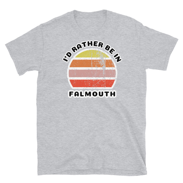 Vintage style distressed effect sunset graphic design t-shirt entitled I'd Rather be in Falmouth on this light grey cotton tee