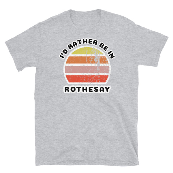Vintage style distressed effect sunset graphic design t-shirt entitled I'd Rather be in Rothesay on this light grey cotton tee