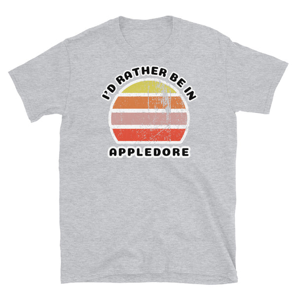 Vintage style distressed effect sunset graphic design t-shirt entitled I'd Rather be in Appledore on this light grey cotton tee