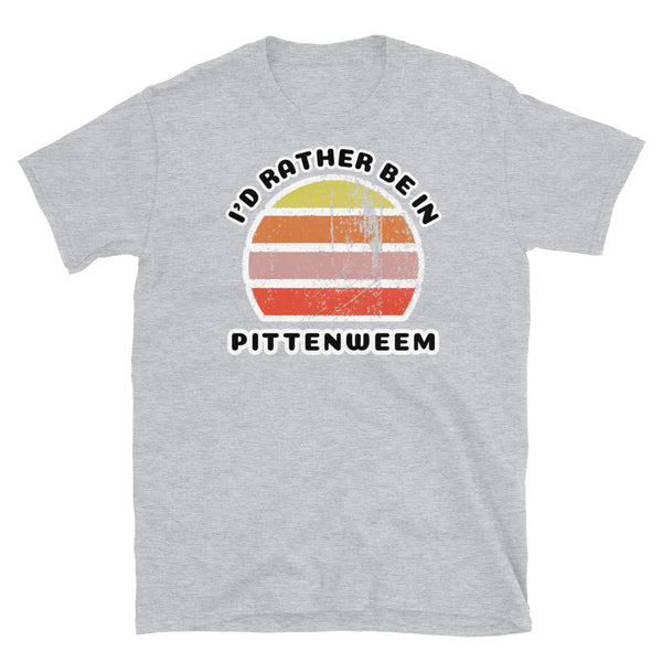 Vintage style distressed effect sunset graphic design t-shirt entitled I'd Rather be in Pittenweem on this light grey cotton tee