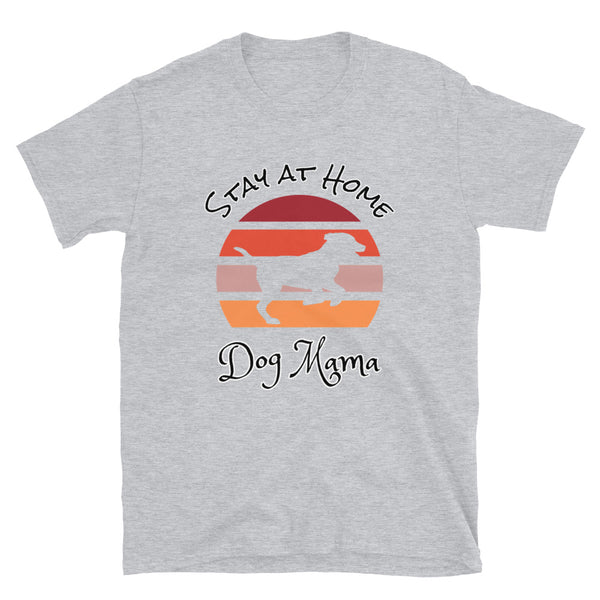 Cute Dog themed light grey t-shirt with sunset design and Labrador dog silhouette and the words Stay at Home Dog Mama