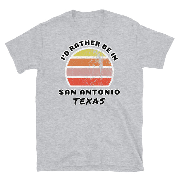 Vintage style distressed effect sunset graphic design t-shirt entitled I'd Rather be in San Antonio Texas on this light grey cotton tee