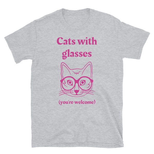Cats with glasses (you're welcome) funny meme t-shirt in pink font featuring a pink cat wearing spectacles on this light grey cotton t-shirt