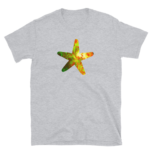 Colourful gold, orange, yellow and green abstract patterned starfish graphic on this light grey cotton t-shirt by BillingtonPix