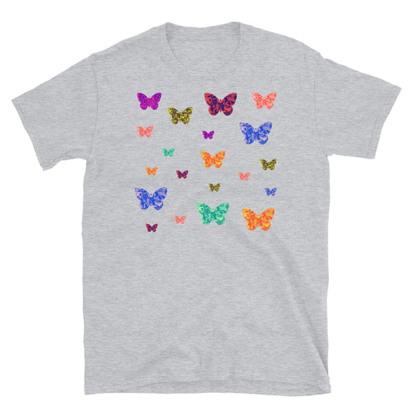 Multicoloured rainbow floral patterned butterflies on this cute light grey cotton t-shirt by BillingtonPix