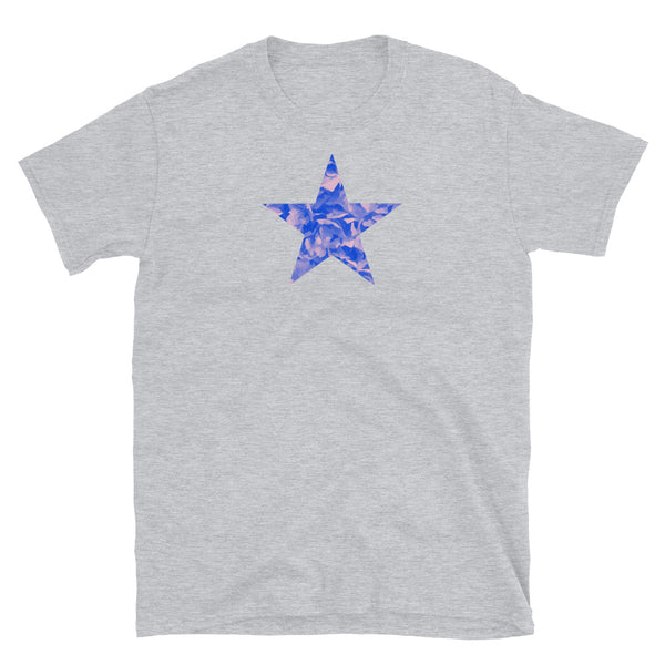 Blue floral star cutout with pink tones on this cotton light grey t-shirt