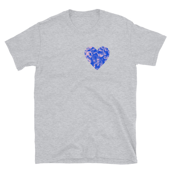 Blue floral patterned blue heart with tones of pink positioned in the heart position on this light grey cotton-t-shirt